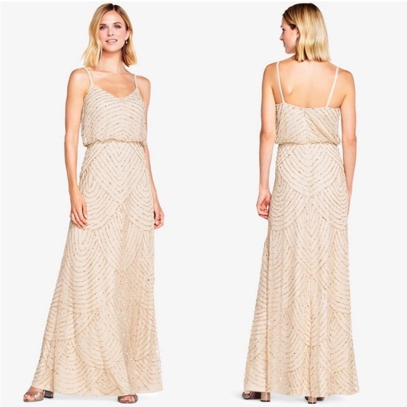 BHLDN Adrianna Papell Sequin Beaded Blouson Gown Maxi Dress Cocktail Party Tan 2 - Picture 1 of 8